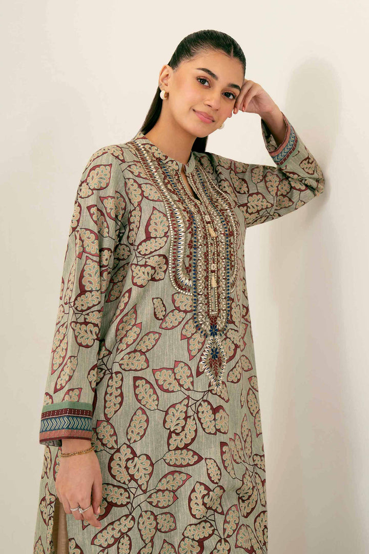 Printed Embroidered Green Winter Karandir Shirt