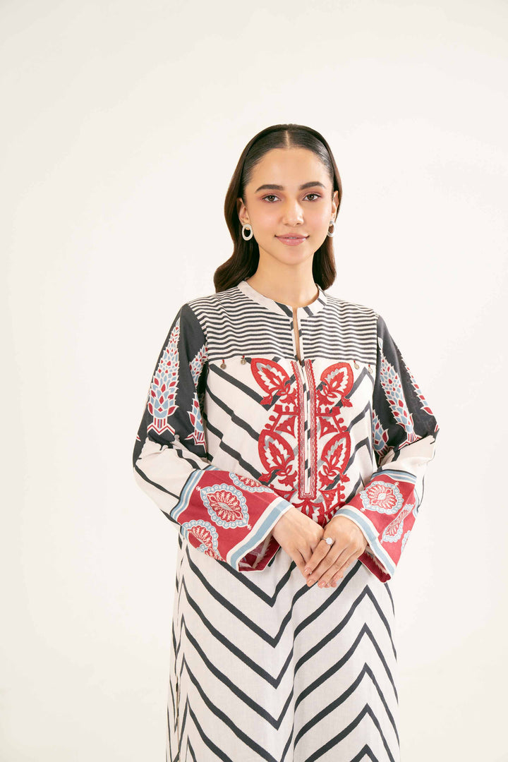 Printed Embroidered White Karandi Shirt