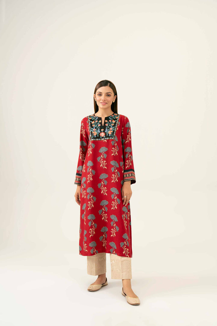 Printed Embroidered Maroon Winter Linen Shirt