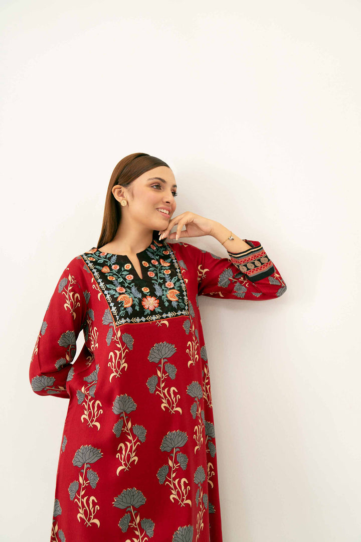 Printed Embroidered Maroon Winter Linen Shirt