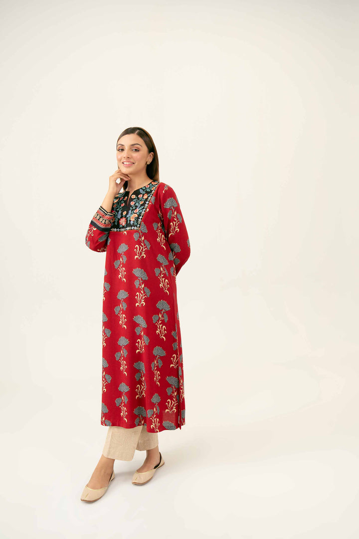 Printed Embroidered Maroon Winter Linen Shirt