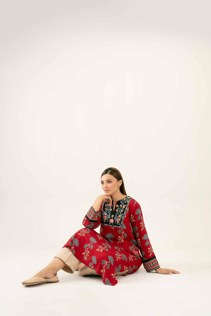 Printed Embroidered Maroon Winter Linen Shirt