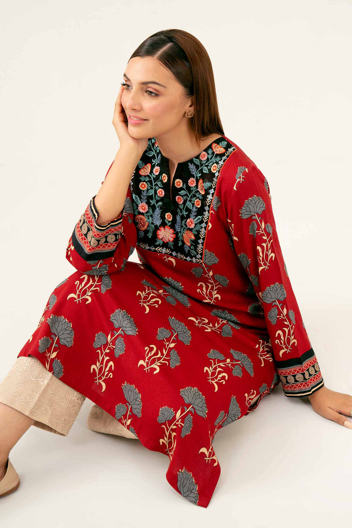 Printed Embroidered Maroon Winter Linen Shirt