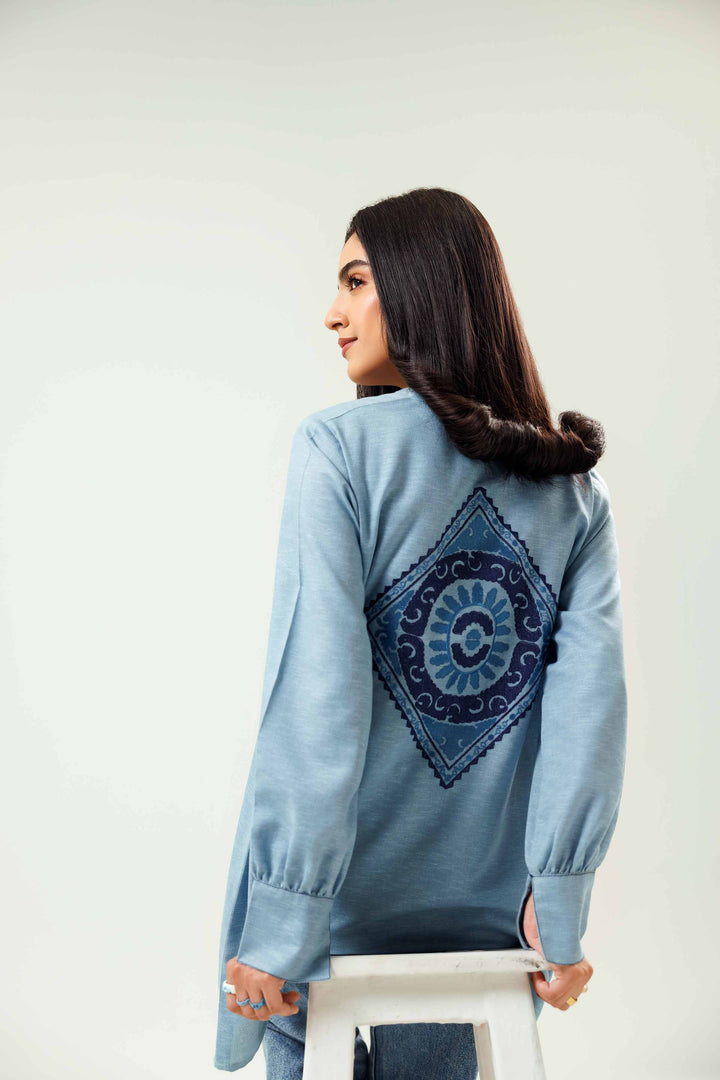 Ice Blue Karandi Embroidered Winter Tunic