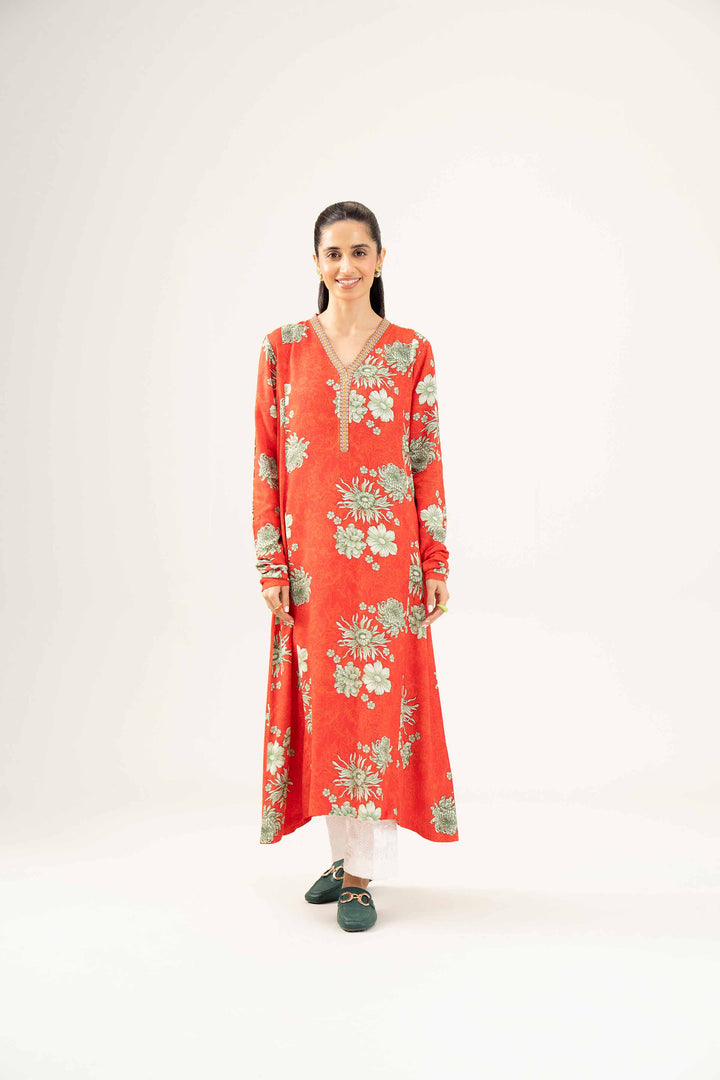 Linen Red Printed Embroidered Shirt