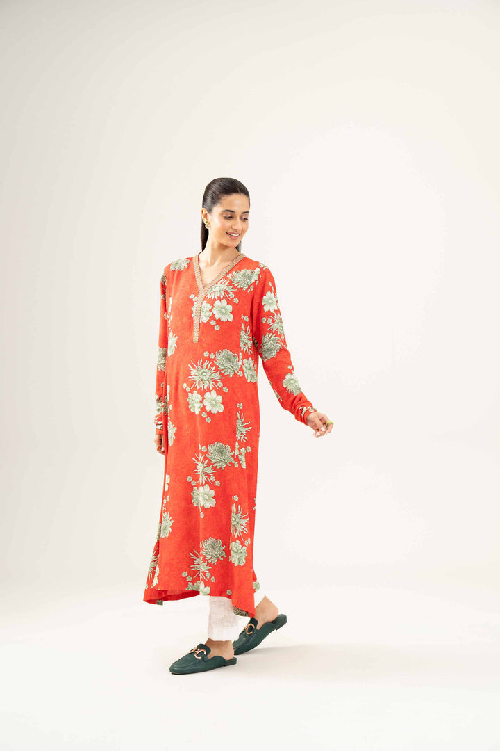 Linen Red Printed Embroidered Shirt