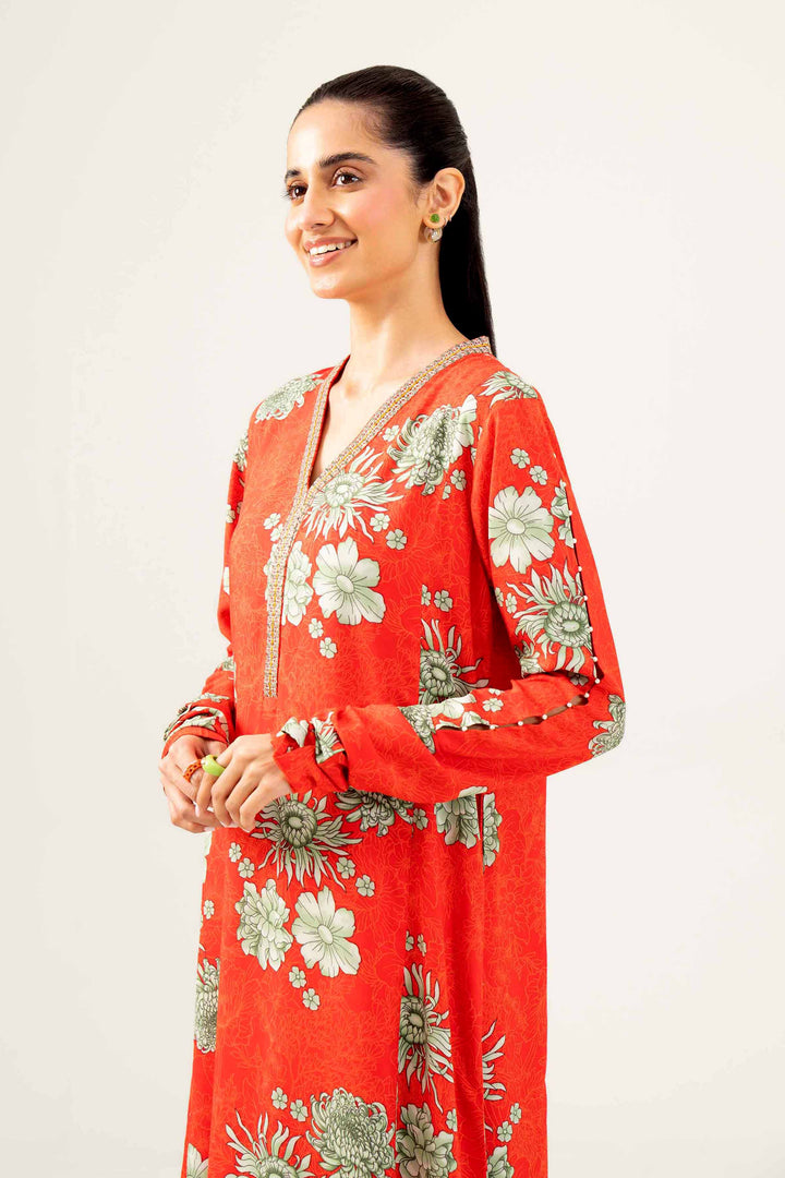 Linen Red Printed Embroidered Shirt