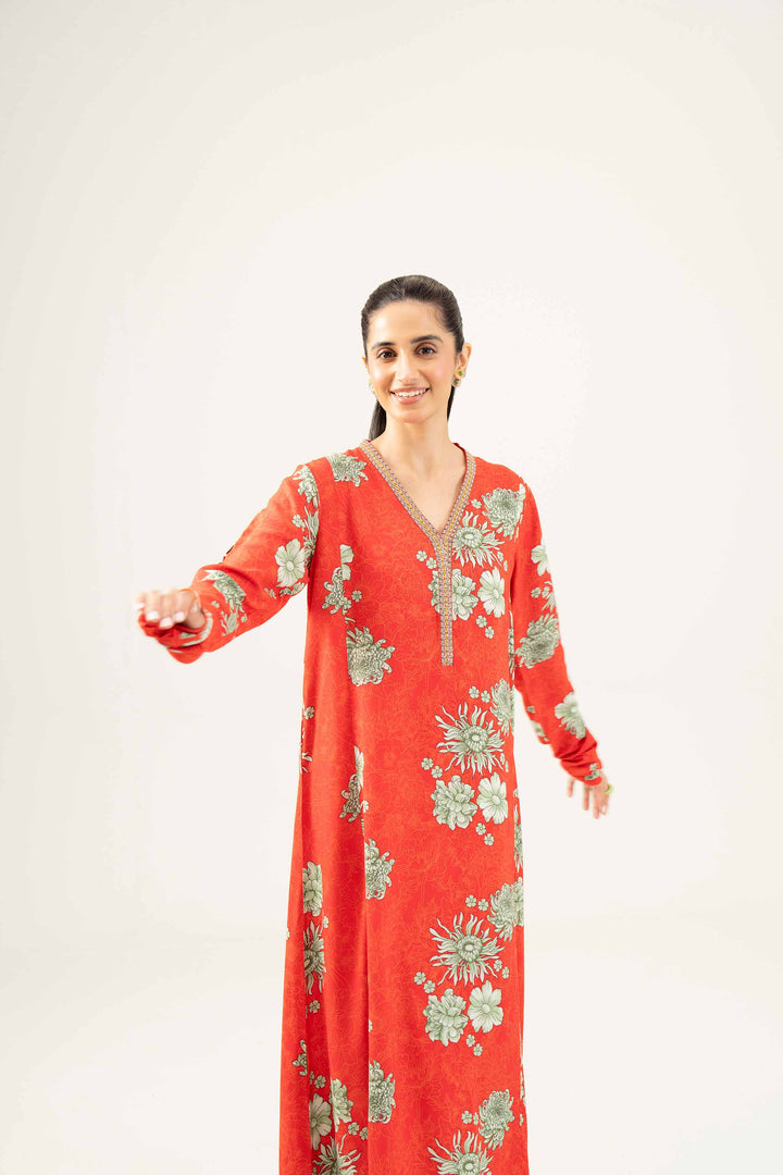 Linen Red Printed Embroidered Shirt