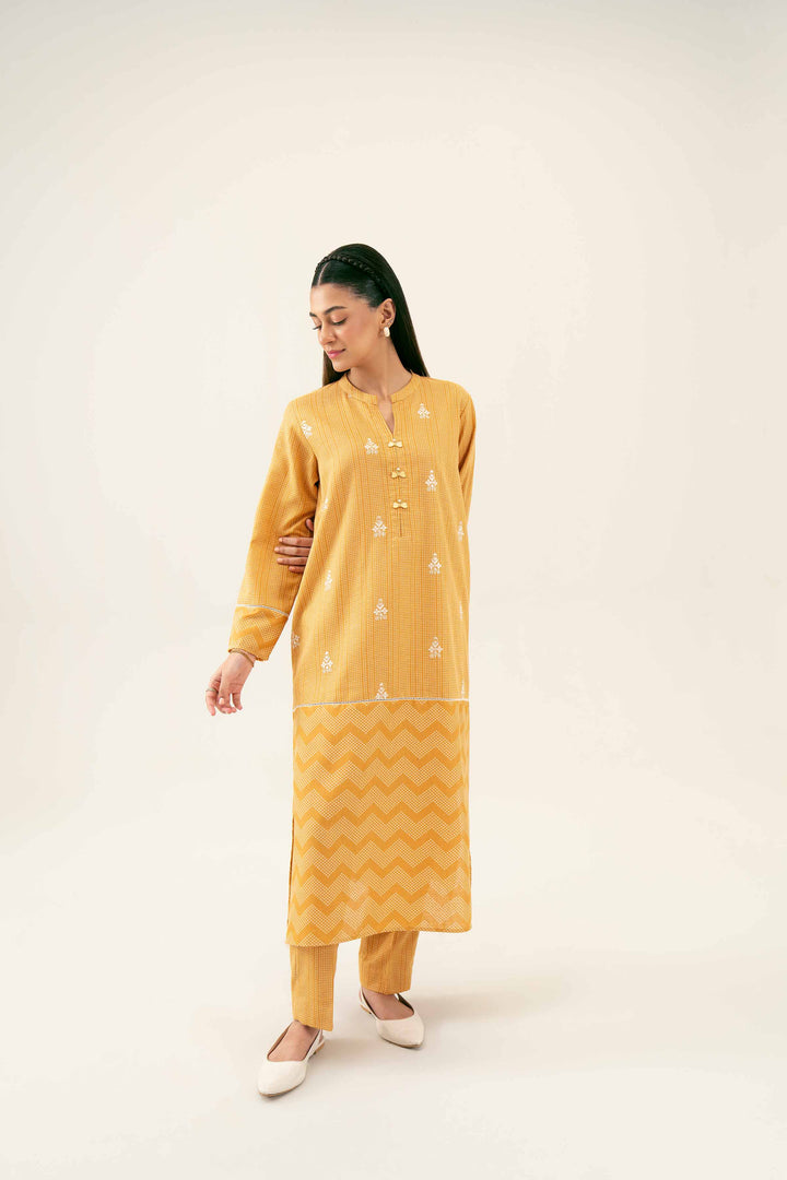 2 Piece Printed Embroidered Mustard Karandi Winter Suit