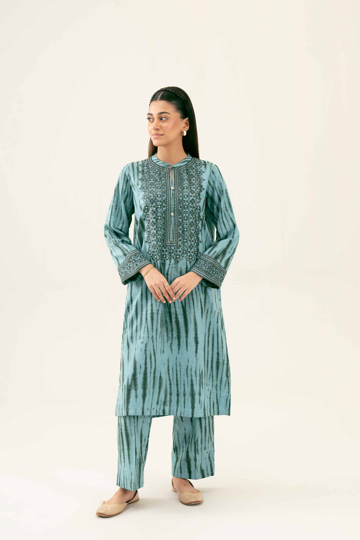 2 Piece Printed Embroidered Sea Green Karandi Winter Suit