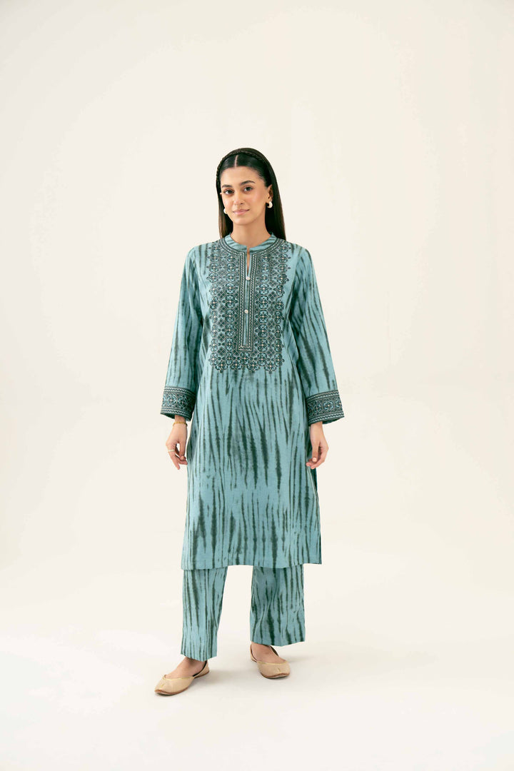 2 Piece Printed Embroidered Sea Green Karandi Winter Suit