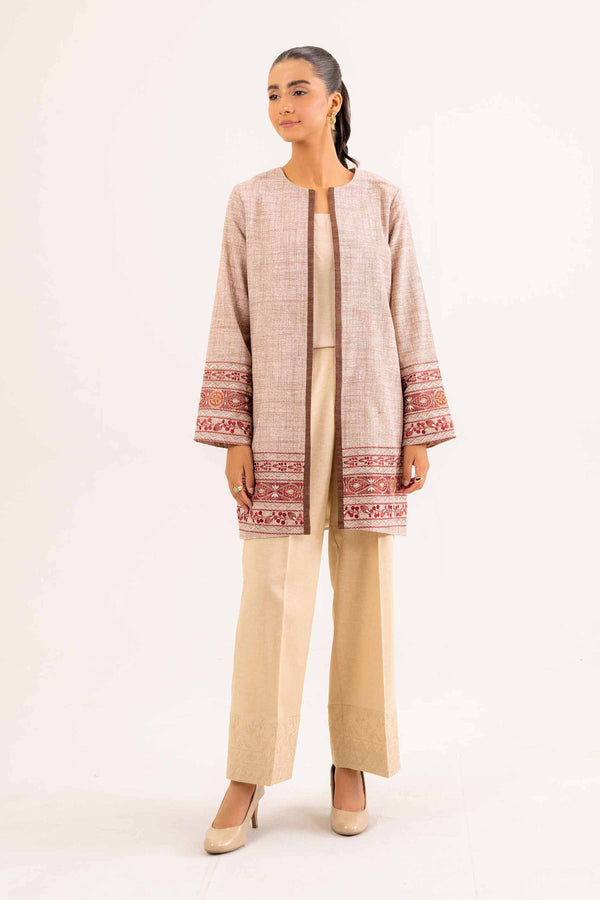 Khaddar Beige Printed Embroidered Jacket