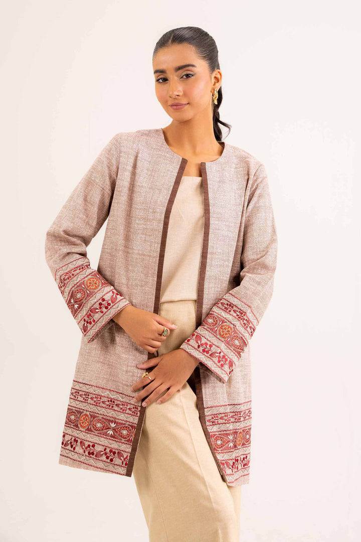 Khaddar Beige Printed Embroidered Jacket