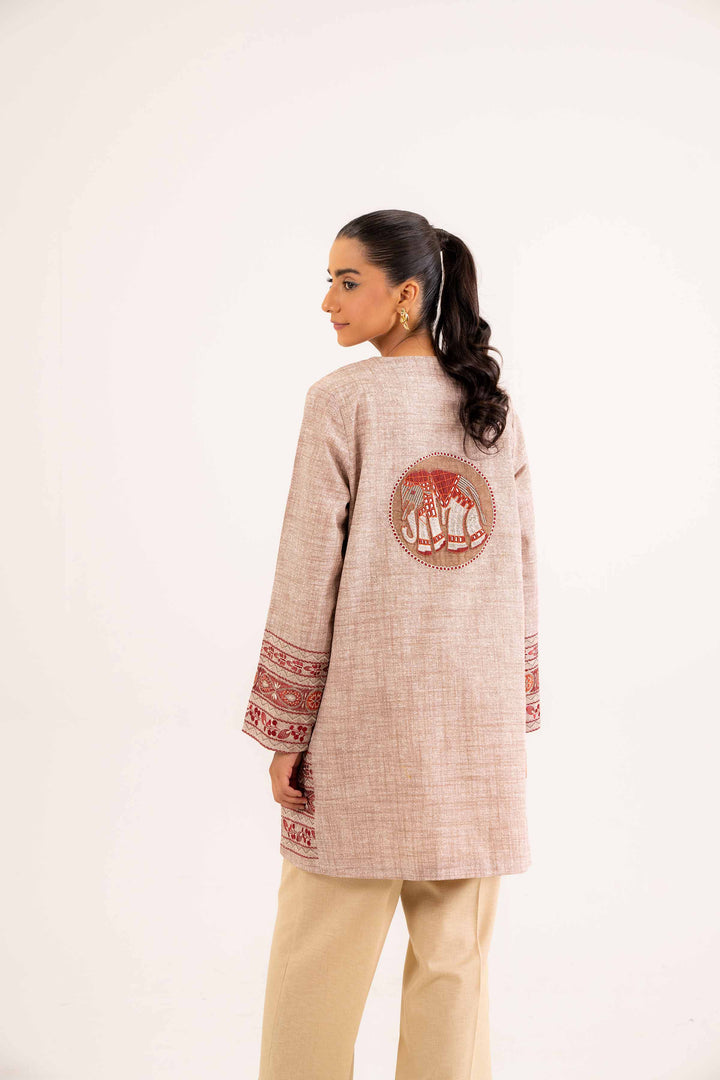 Khaddar Beige Printed Embroidered Jacket