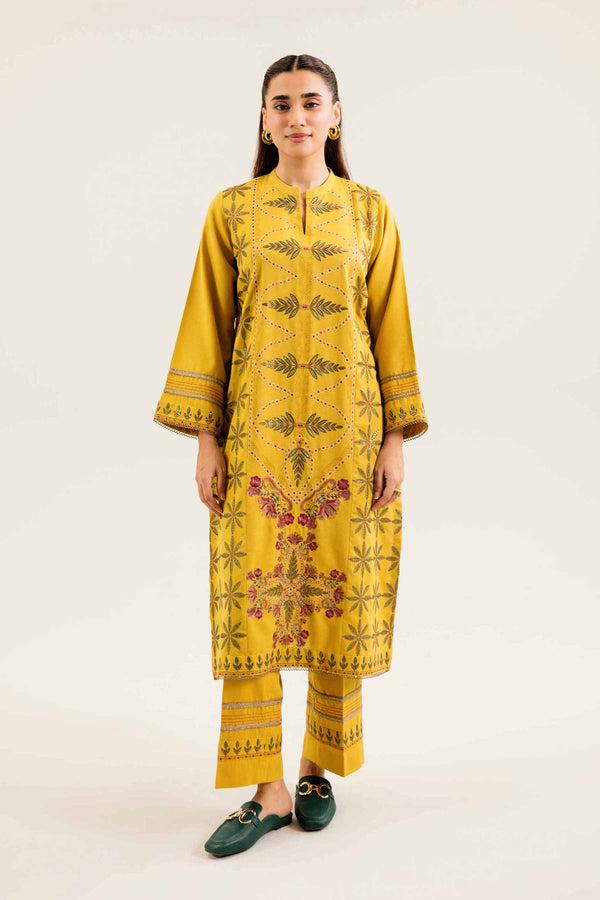 2 Piece Embroidered Saffron Karandi Winter Suit