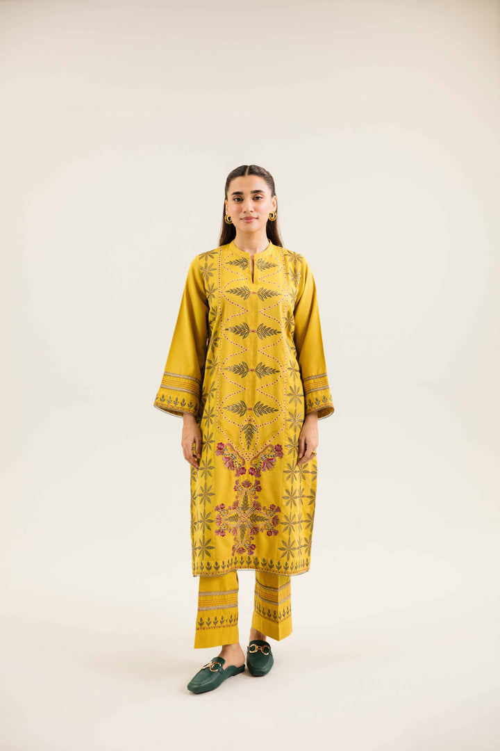 2 Piece Embroidered Saffron Karandi Winter Suit