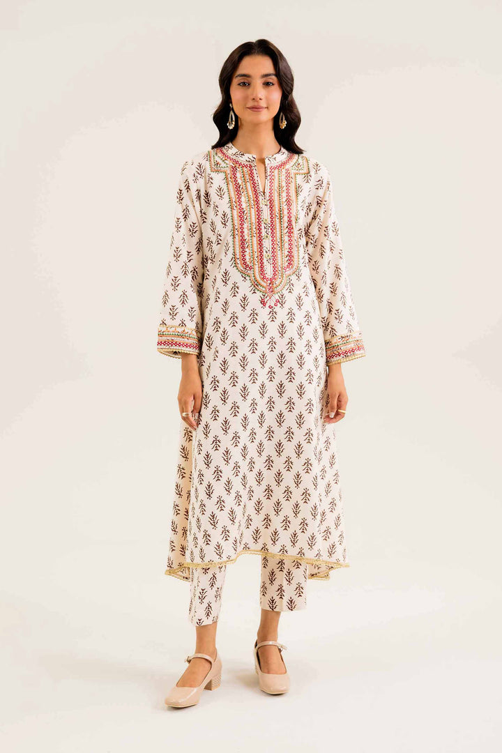 2 Piece Printed Embroidered Off White Karandi Winter Suit