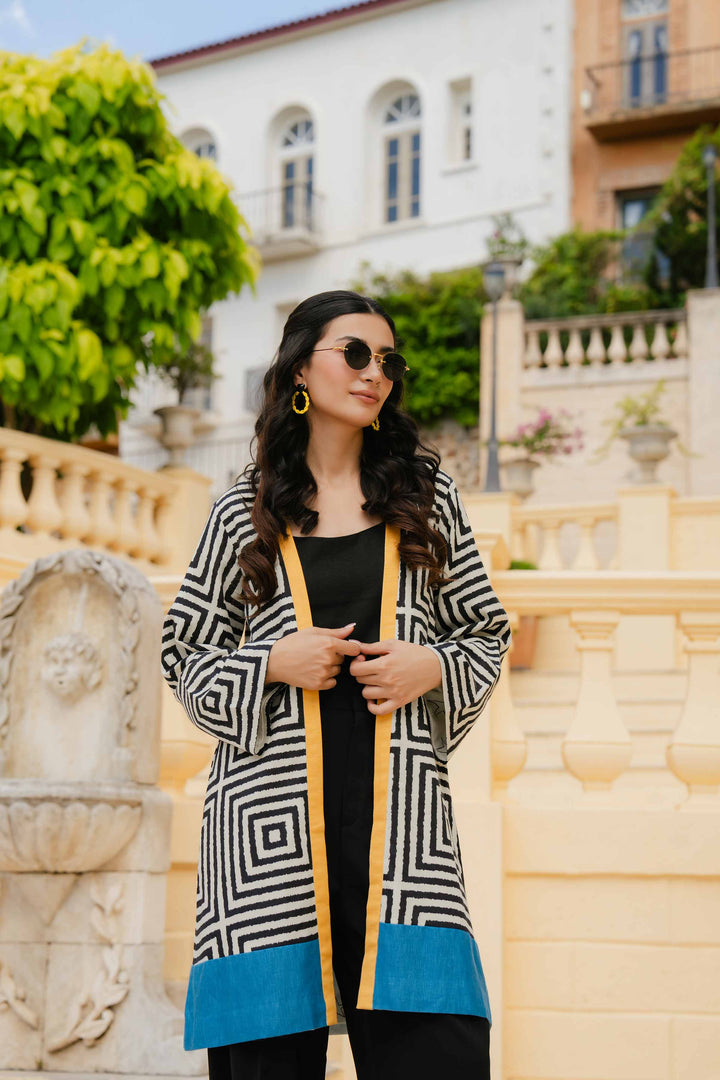 Printed Black & White Karandi Winter Jacket