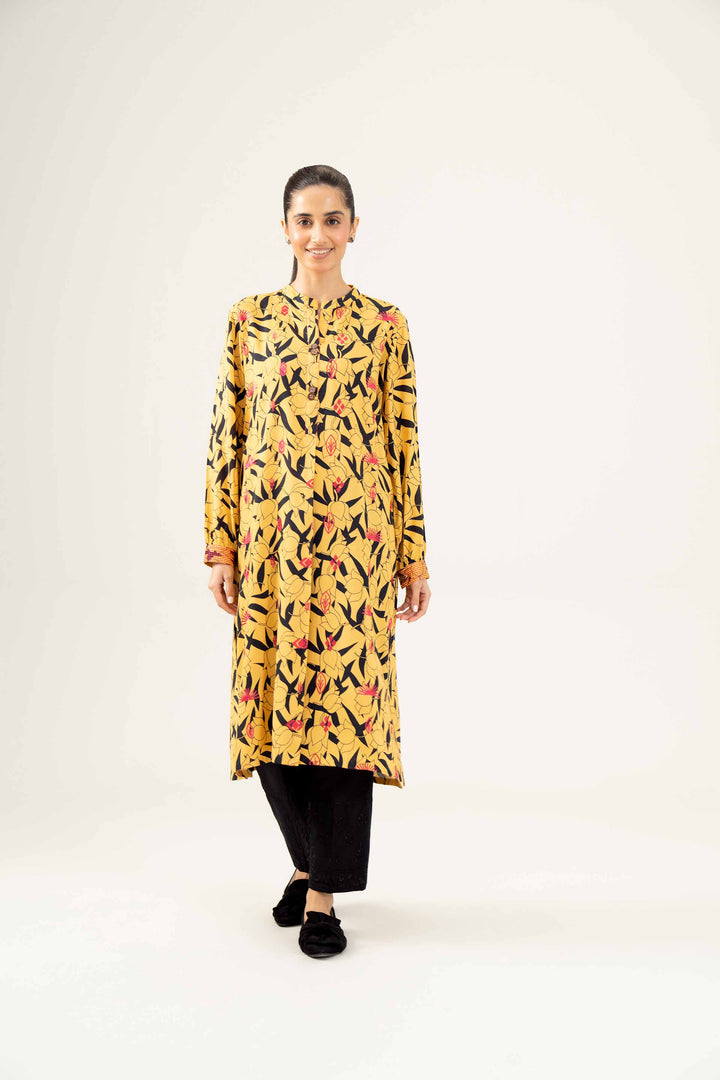 Linen Yellow Printed Embroidered Shirt