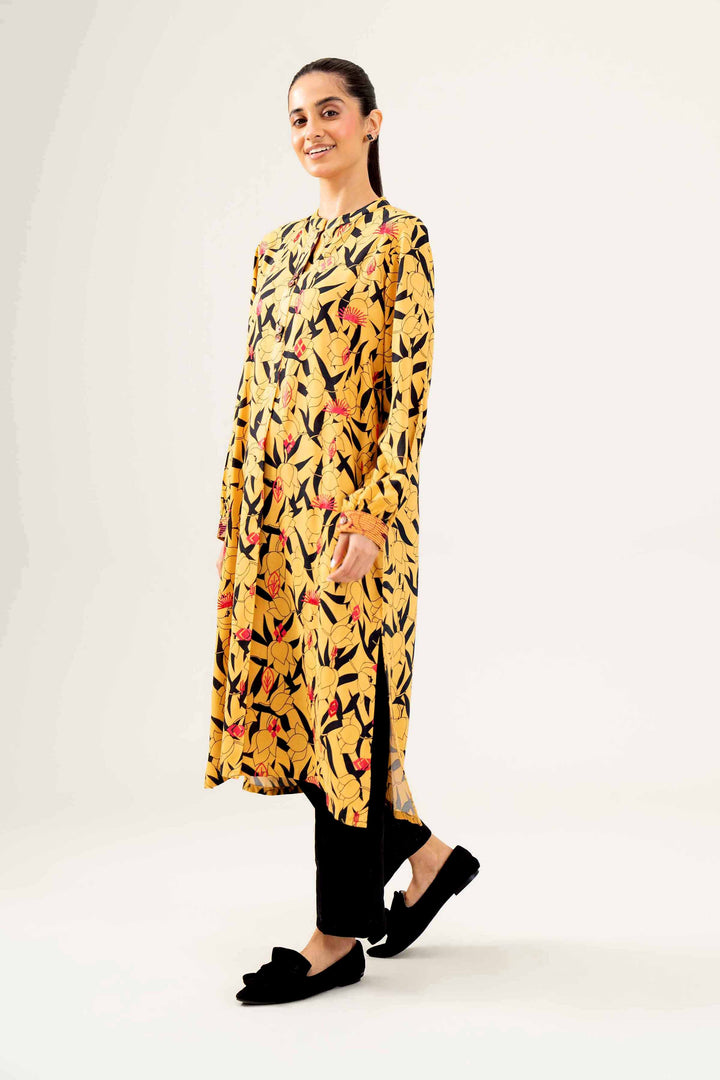 Linen Yellow Printed Embroidered Shirt