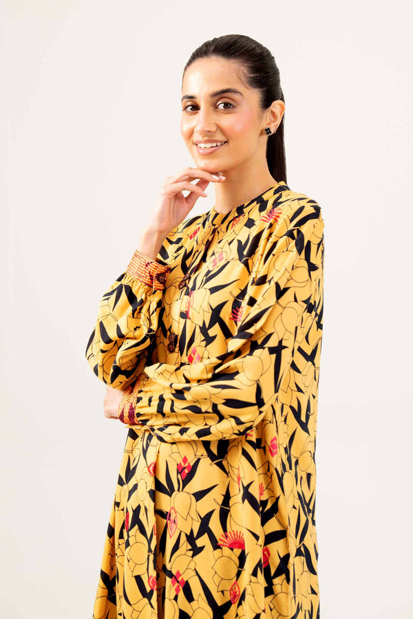 Linen Yellow Printed Embroidered Shirt