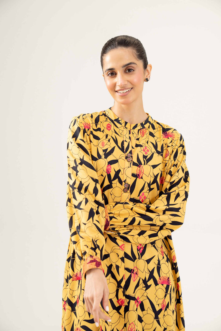 Linen Yellow Printed Embroidered Shirt