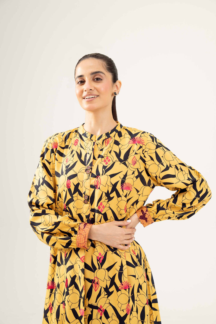 Linen Yellow Printed Embroidered Shirt