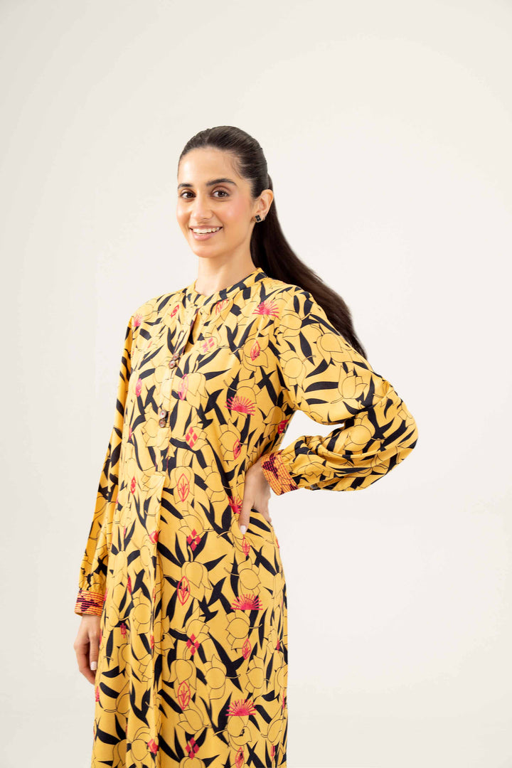 Linen Yellow Printed Embroidered Shirt