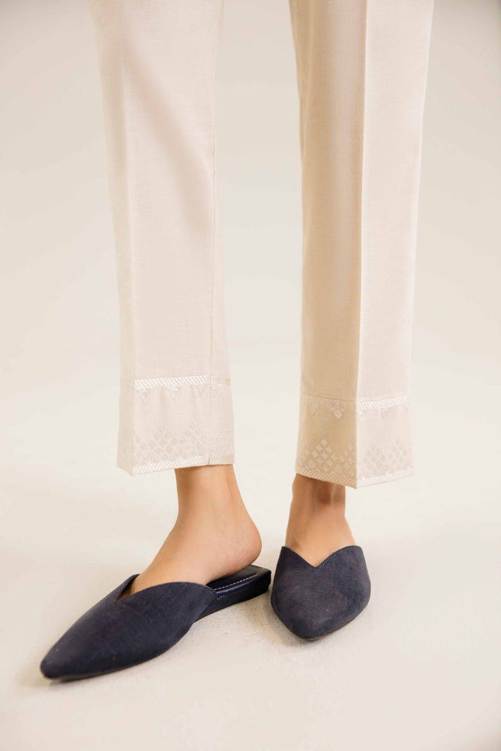 Off White Karandi Embroidered Winter Trousers