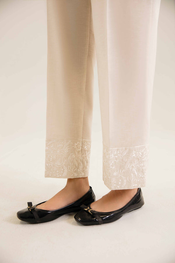 Off White Karandi Embroidered Winter Trousers