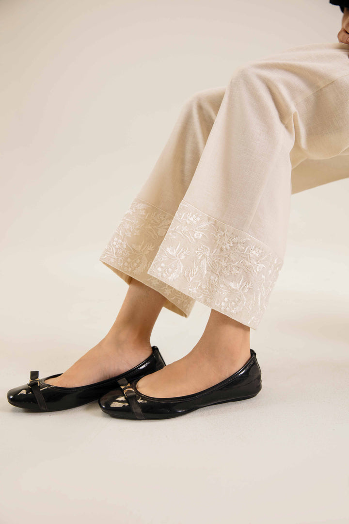 Off White Karandi Embroidered Winter Trousers