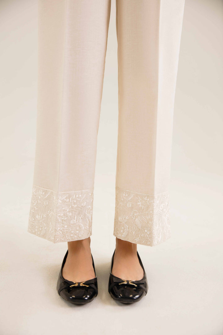 Off White Karandi Embroidered Winter Trousers