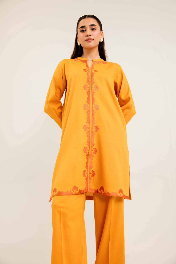 2 Piece Embroidered Mustard Winter Dobby Suit