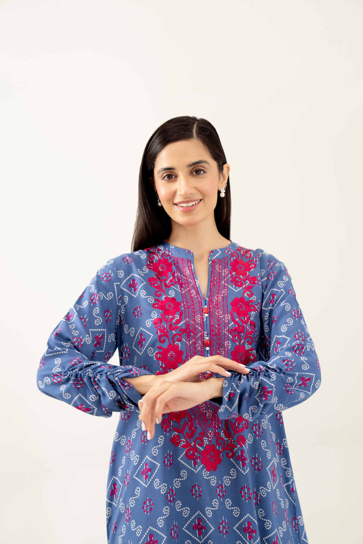 2 Piece Printed Embroidered Blue Winter Linen Suit