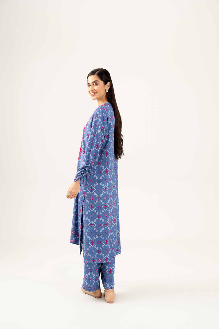 2 Piece Printed Embroidered Blue Winter Linen Suit