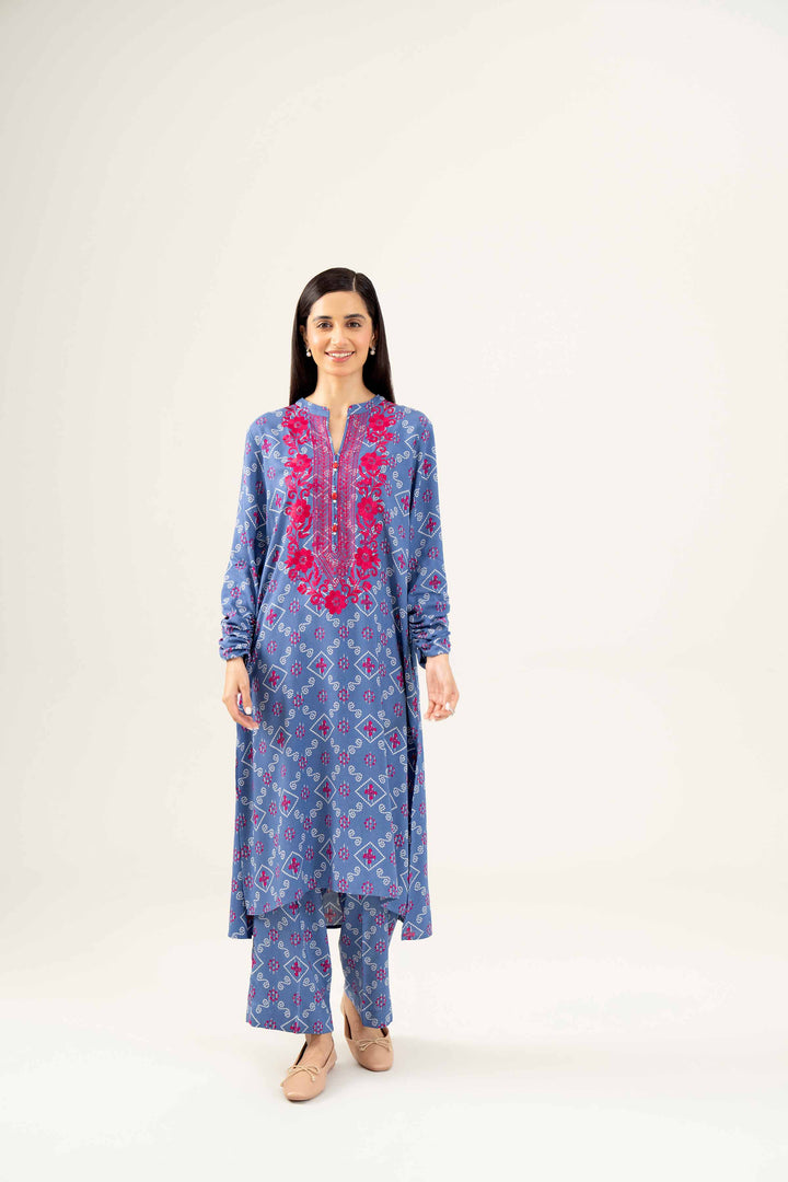 2 Piece Printed Embroidered Blue Winter Linen Suit