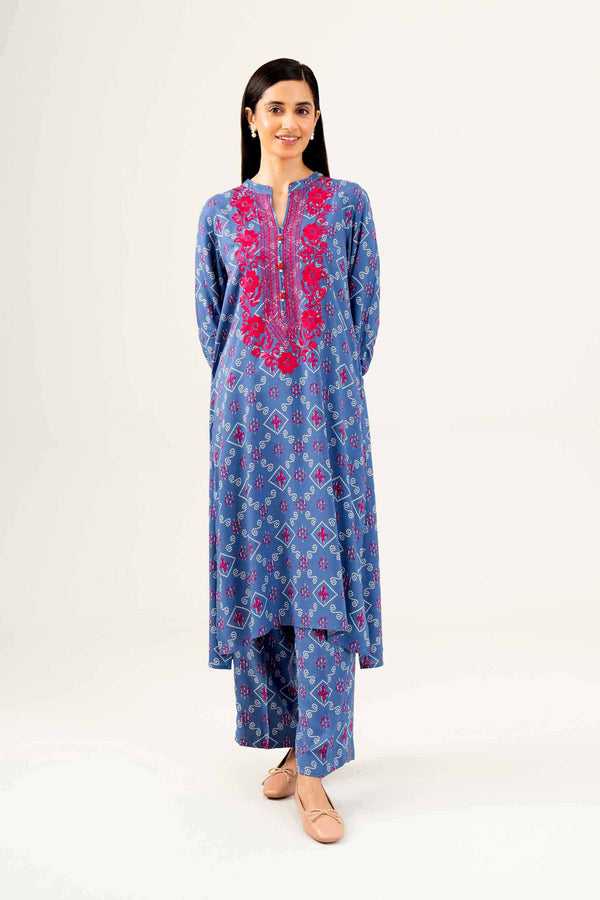 2 Piece Printed Embroidered Blue Winter Linen Suit