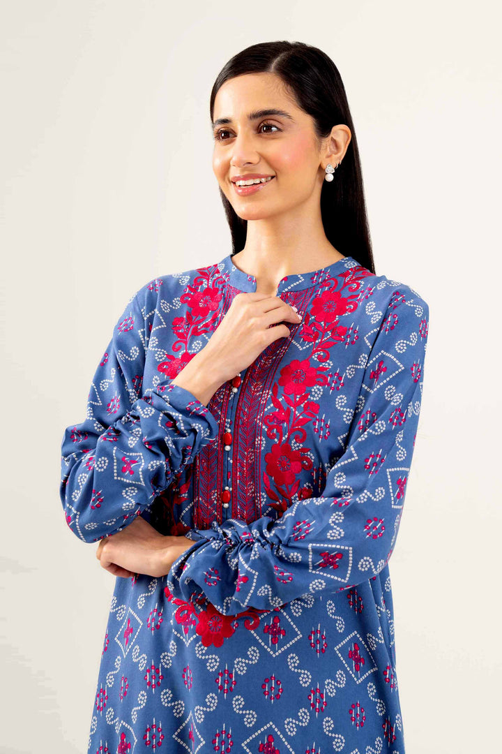 2 Piece Printed Embroidered Blue Winter Linen Suit