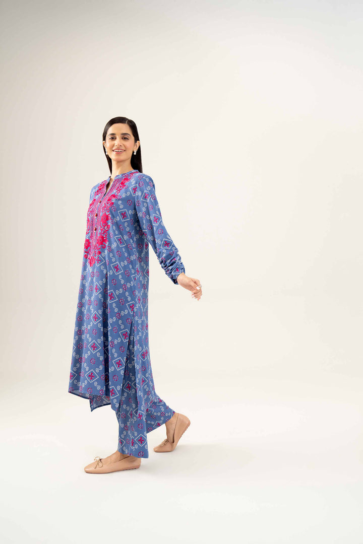 2 Piece Printed Embroidered Blue Winter Linen Suit