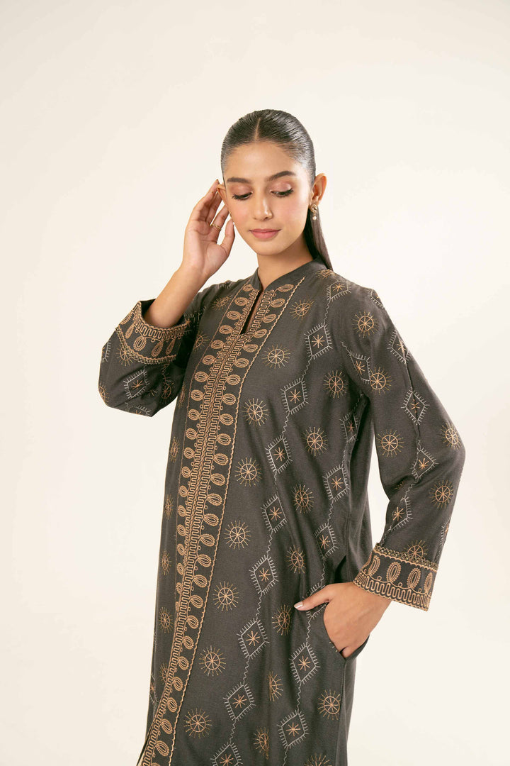 Embroidered Grey Karandi Shirt