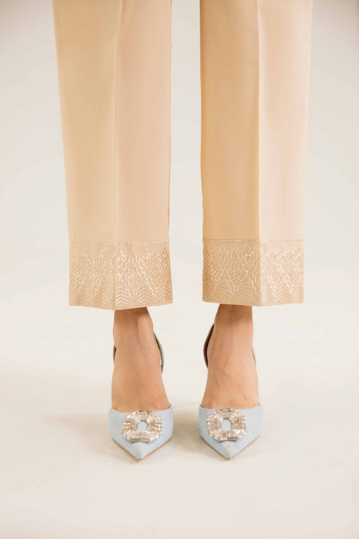 Beige Cambric Embroidered Winter Trousers