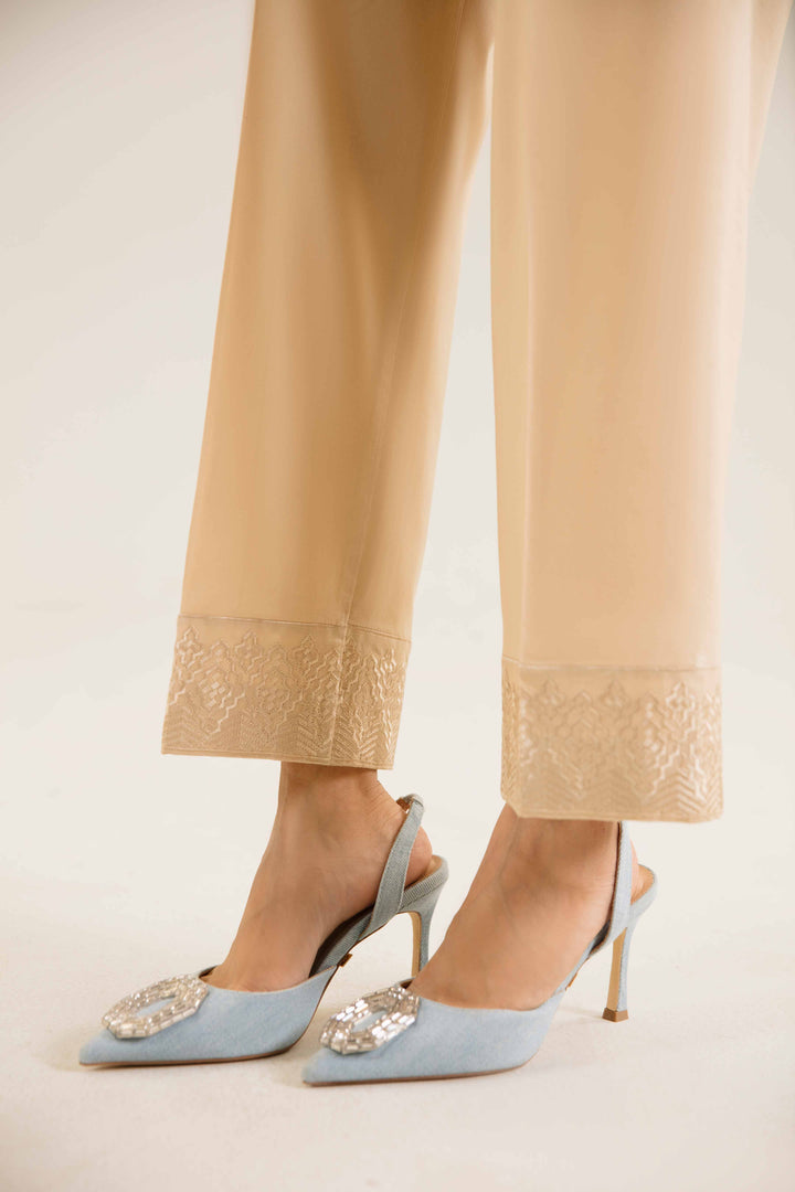 Beige Cambric Embroidered Winter Trousers