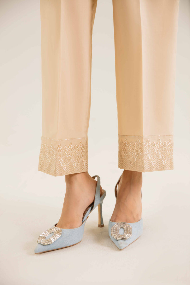 Beige Cambric Embroidered Winter Trousers