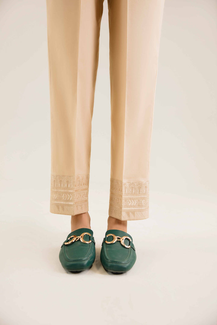 Beige Cambric Embroidered Winter Trousers