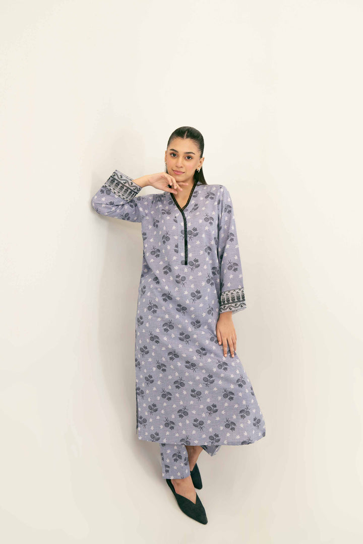 2 Piece Printed Embroidered Lavender Karandi Winter Suit