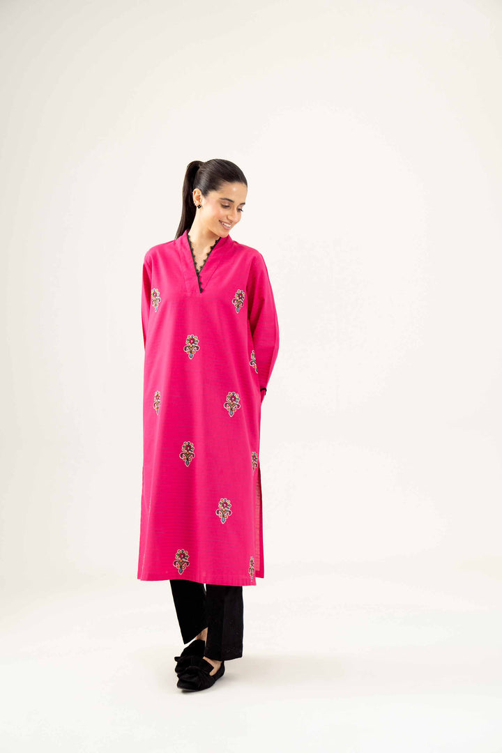 Yarn Dyed Fuchsia Embroidered Winter Shirt