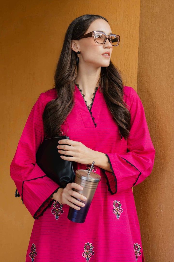 Yarn Dyed Fuchsia Embroidered Winter Shirt