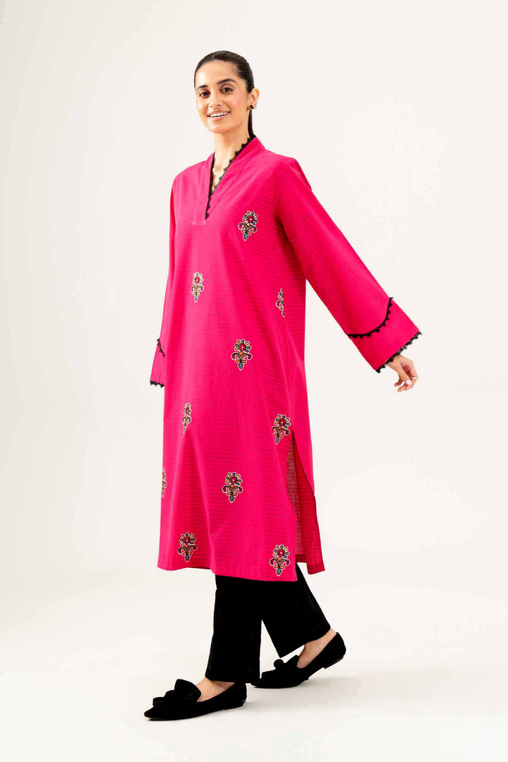 Yarn Dyed Fuchsia Embroidered Winter Shirt