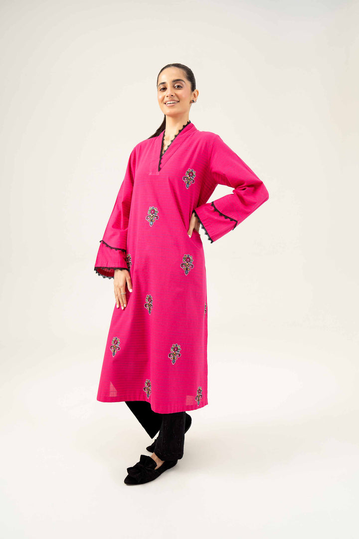 Yarn Dyed Fuchsia Embroidered Winter Shirt