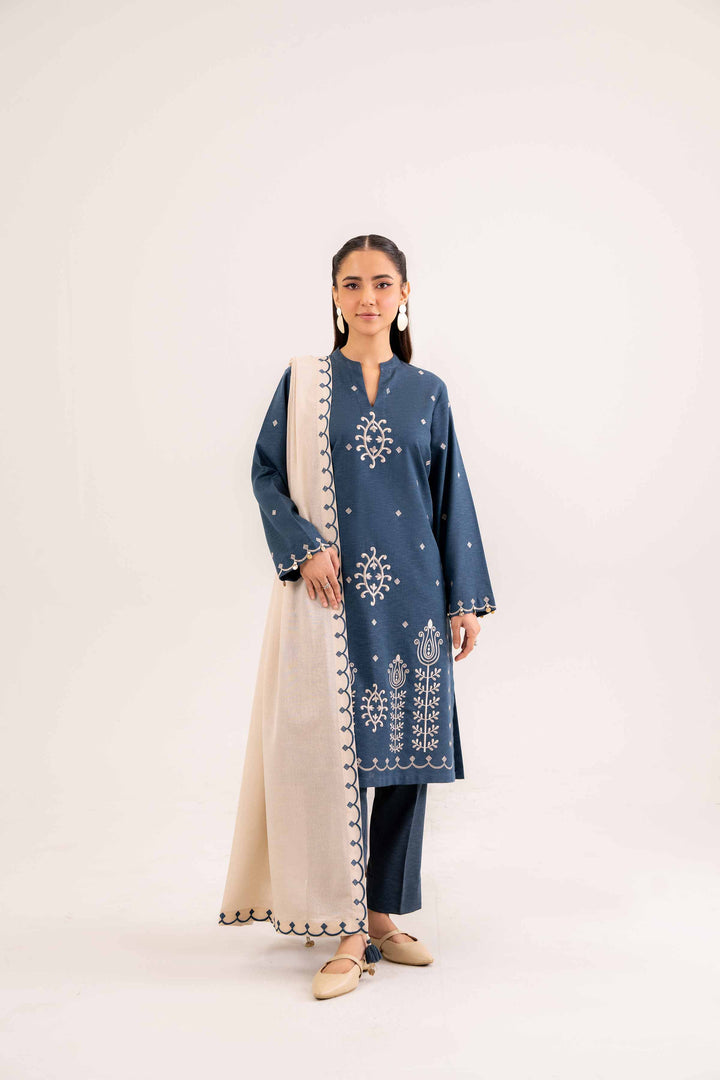 3 Piece Beige & Teal Karandi Suit